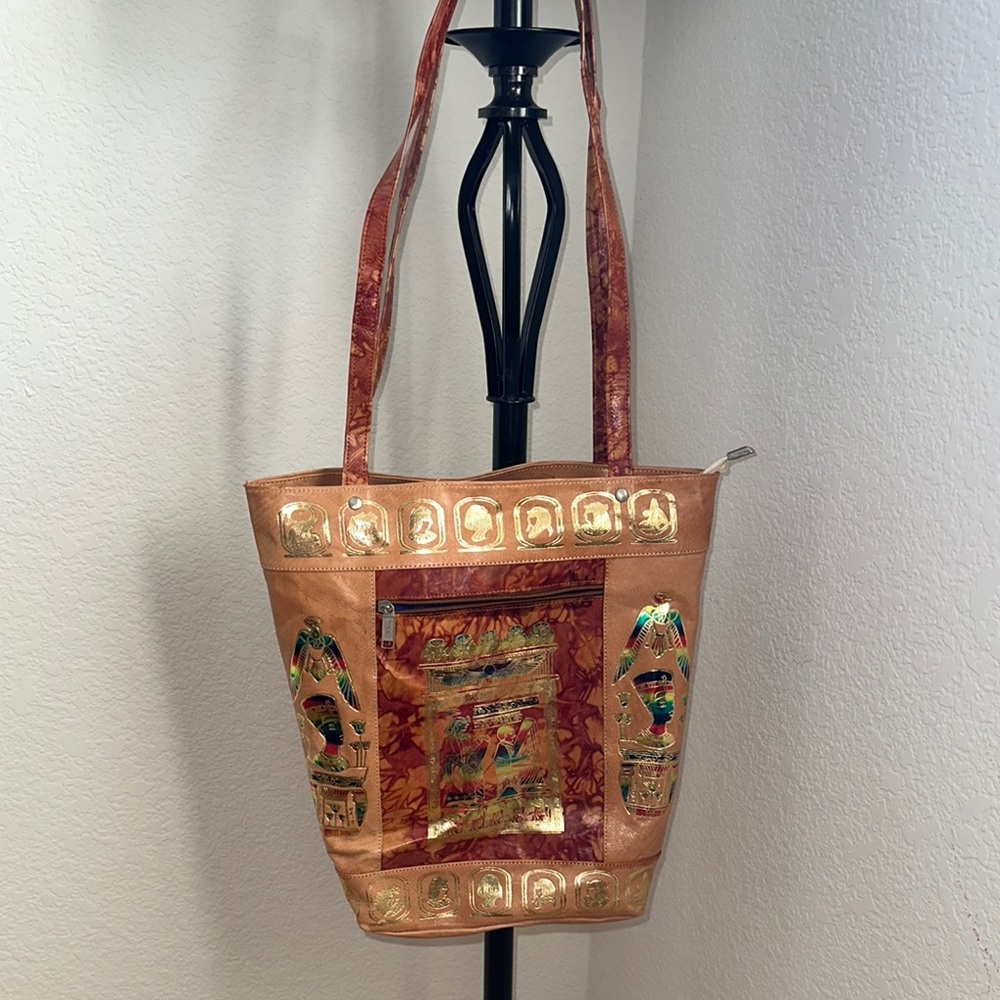Gold and Brown Rustic Tote Bag with Ethnic Patterns
